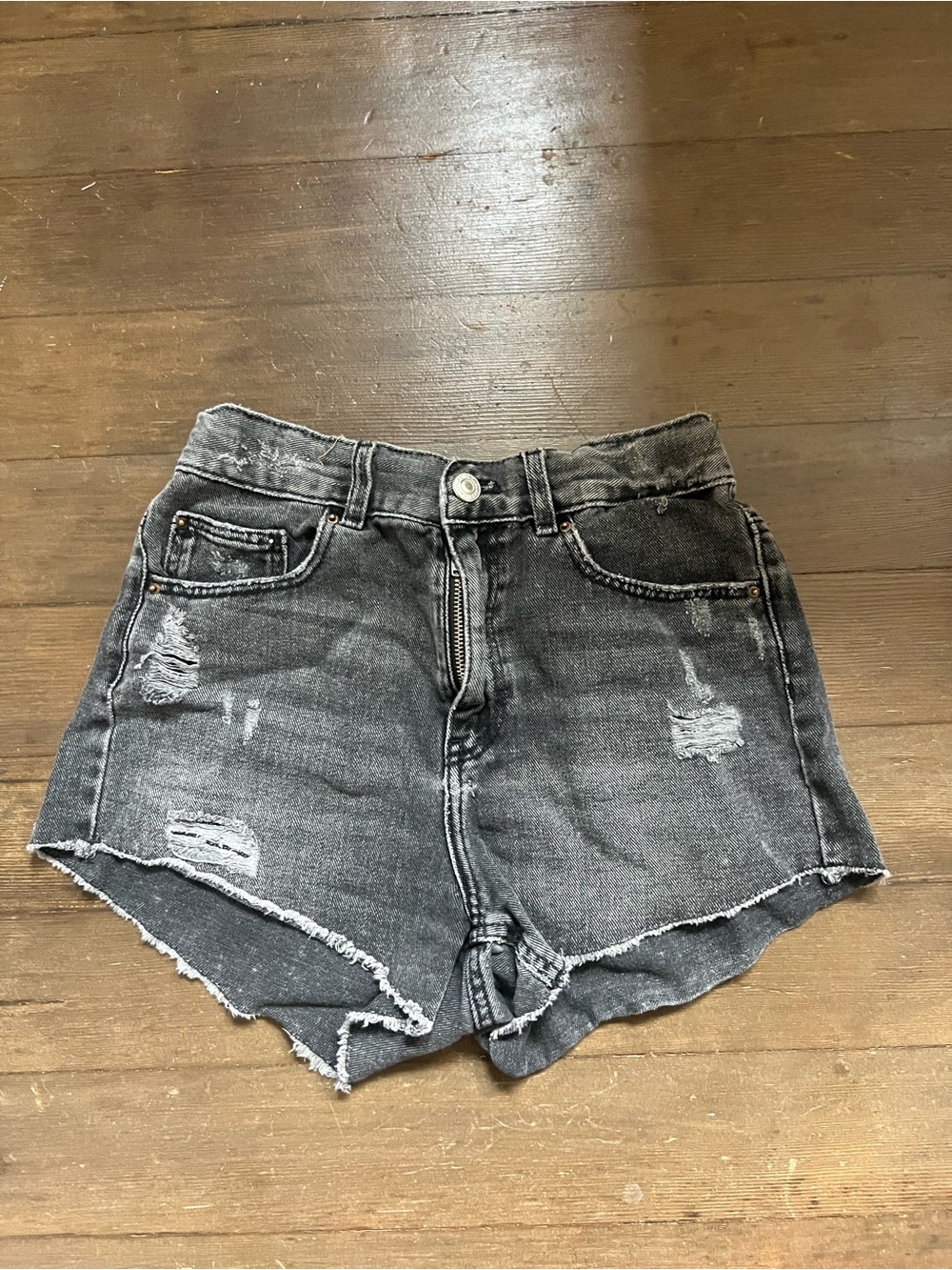 Zara Washed Black Distressed Denim Shorts
